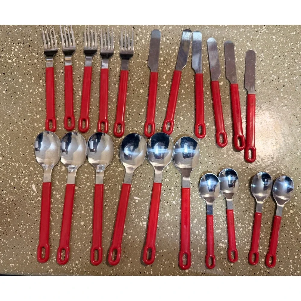 Vintage Red Handle Stainless Steel Flatware Lot – 21 Pieces Mid‎ Century